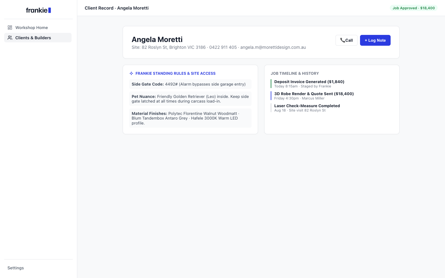 Frankie Client Contact Record showing site access rules, gate code, material nuance, and full timeline