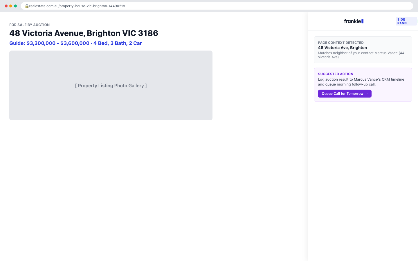 Frankie Chrome extension side panel active over a live web page