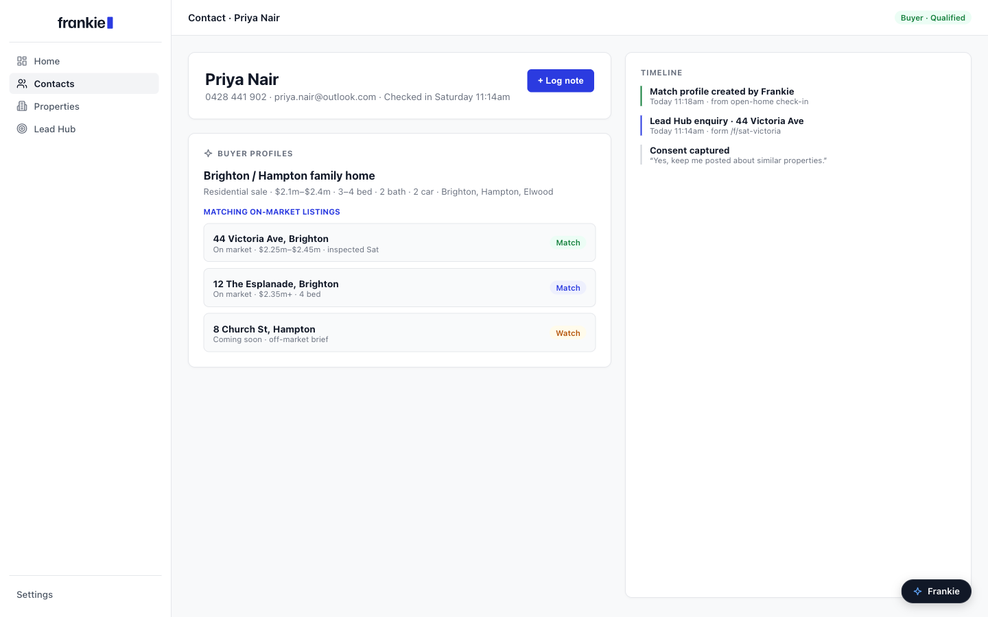 Contact record showing a buyer match profile and matching on-market listings